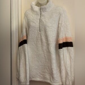 Cozy  White Sherpa Fleece Pullover with Striped Sleeves with 1/4 zip and pockets